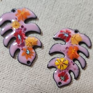 Artisan Custom Pink Leaf Monstera Shape Enamel copper Earring Charm Connectors